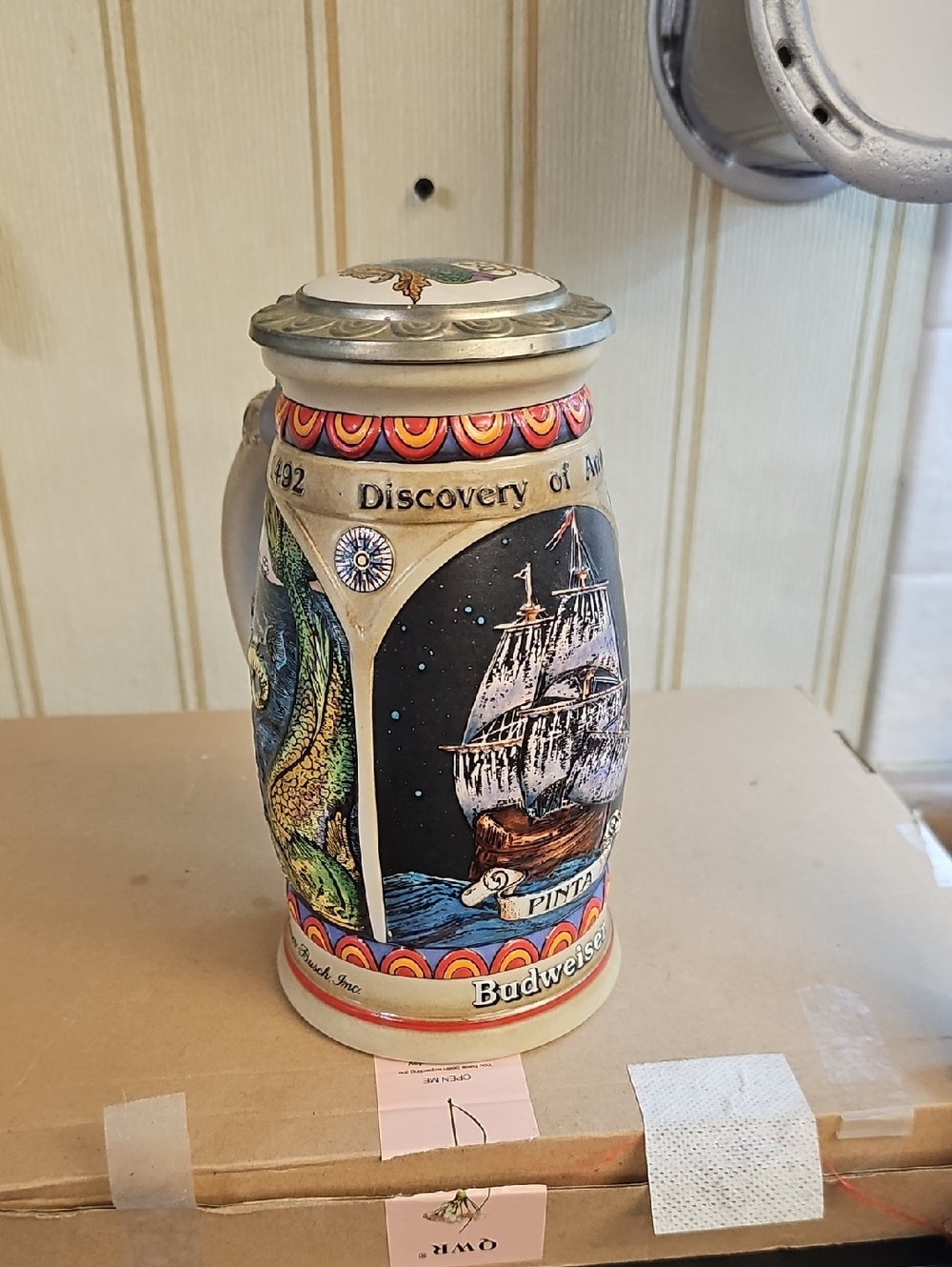 Budweiser Painted Ceramic Stein with Ship and Sea Artwork - Blue, Black, Red
